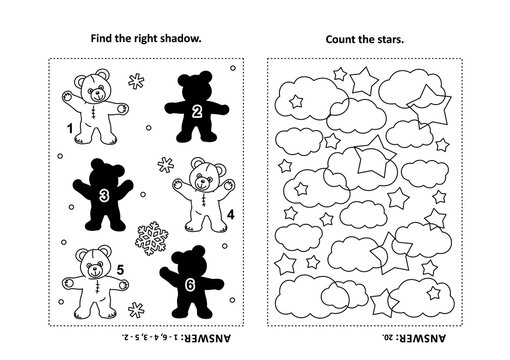Two visual puzzles and coloring page for kids. Find the shadow for each picture of teddy bear. Count the stars. Black and white. Answers included.
