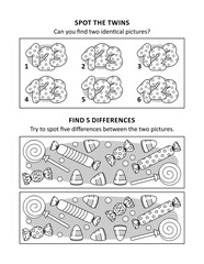 Activity sheet for kids with two visual puzzles, also can be used as coloring page, printable, fit Letter or A4 paper. Dotted numbers. Various sweeties.
