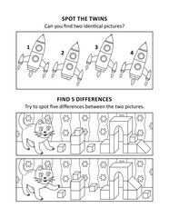 Activity sheet for kids with two visual puzzles, also can be used as coloring page, printable, fit Letter or A4 paper.
