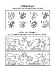 Activity sheet for kids with two visual puzzles, also can be used as coloring page, printable, fit Letter or A4 paper. Weather at late autumn.
