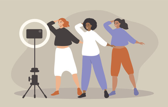 vector illustration in a flat style - three girls of different races record a dance video on a smartphone