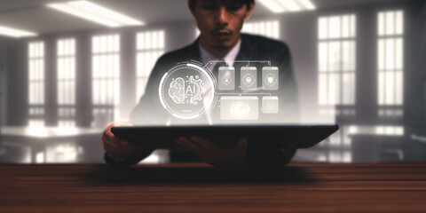 Control, work, command with Artificial Intelligence AI droid robot and cyborg system