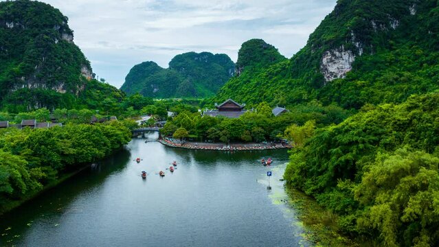 Hyper lapse of Tourist take boat on river at Trang An at Ninh Binh, Vietnam.
