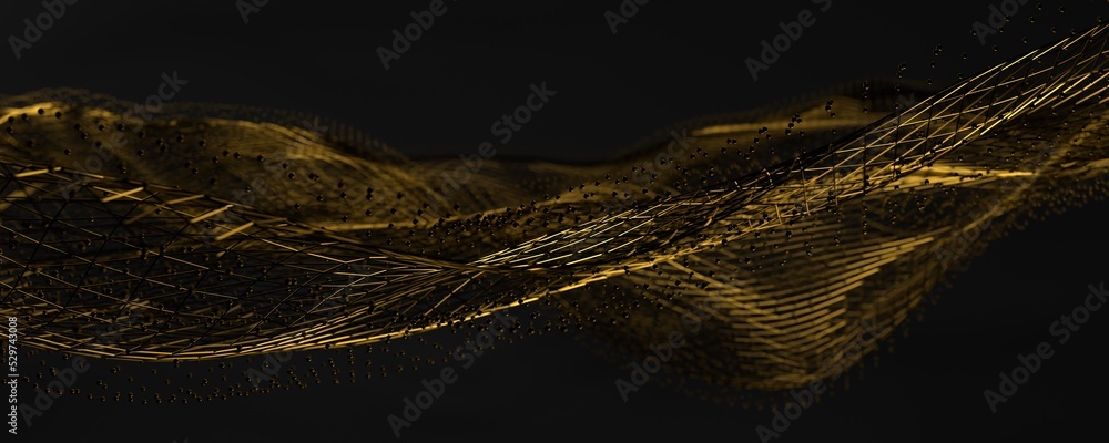 Poster 3d rendering abstract gold wave particle background