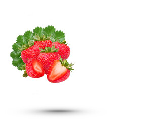 Water Splash On fresh strawberries with leaves isolated on transparent background (.PNG)