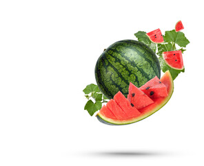 Water splash on watermelon with leaves isolated on transparent background (.PNG)