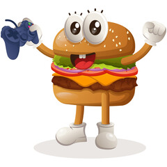 Cute burger mascot design playing videogame with holding joystick. Burger cartoon mascot character design. Delicious food with cheese, vegetables and meat. Cute mascot vector illustration