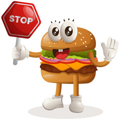 Cute burger mascot design holding stop sign, street sign, road sign. Burger cartoon mascot character design. Delicious food with cheese, vegetables and meat. Cute mascot vector illustration