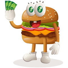 Cute burger mascot design holding money. Burger cartoon mascot character design. Delicious food with cheese, vegetables and meat. Cute mascot vector illustration