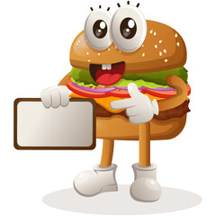 Cute burger mascot design holding billboards for sale. Burger cartoon mascot character design. Delicious food with cheese, vegetables and meat. Cute mascot vector illustration