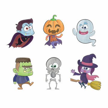 Halloween characters watercolor cartoon hand drawn collection