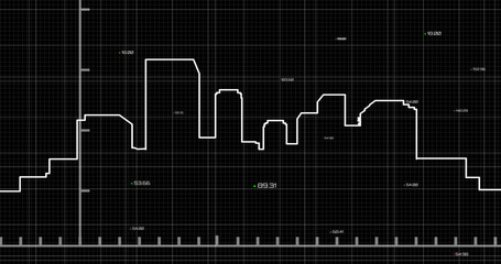 Image of financial data processing over cityscape