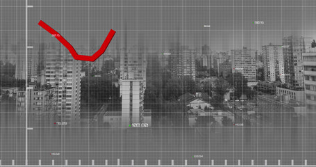 Image of financial data processing over cityscape