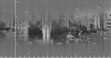 Image of financial data processing over cityscape