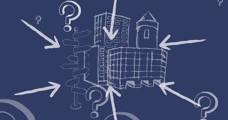 Image of question marks and arrows over city