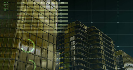 Image of financial data processing over cityscape