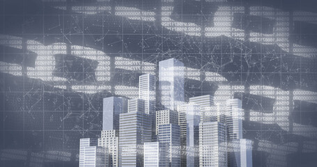 Image of shapes and digital chains over cityscape