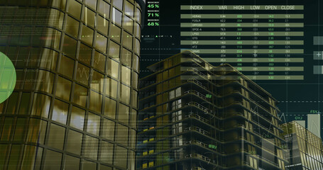 Image of financial data processing over cityscape