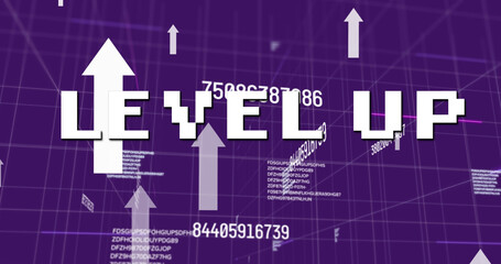 Image of level up text over data processing and arrows on purple background