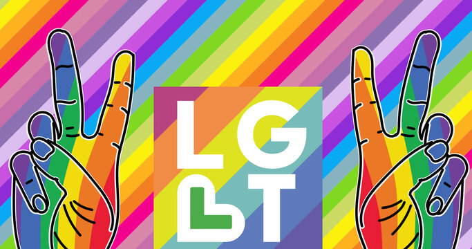 Digital image of lgbt text and two rainbow colored hand peace signs against rainbow background