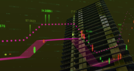 Image of financial data processing over building