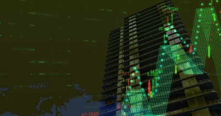 Image of financial data processing over building