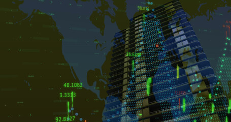 Image of financial data processing over building