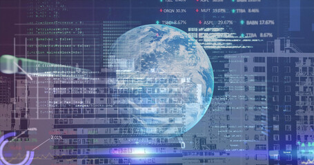 Image of financial data processing and globe over cityscape