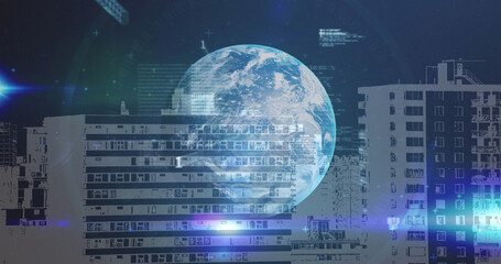 Fototapeta premium Image of financial data processing and globe over cityscape