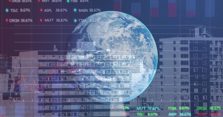 Fototapeta premium Image of financial data processing and globe over cityscape