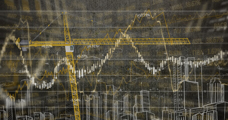 Image of financial data processing over crane and cityscape