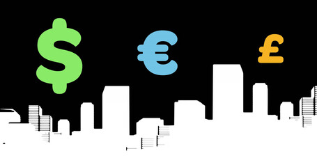 Image of money symbols over cityscape