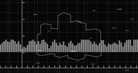 Image of financial data processing over cityscape