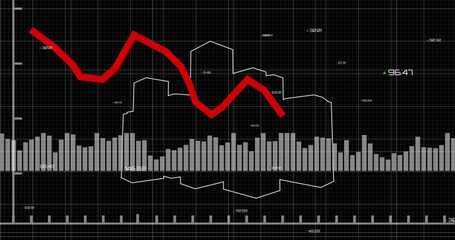 Image of financial data processing over cityscape