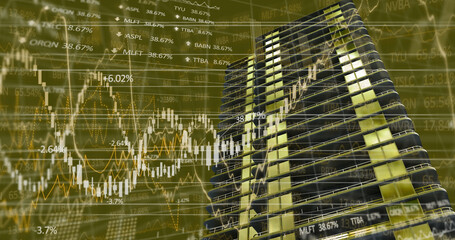 Image of financial data processing over building