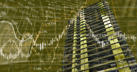 Image of financial data processing over building