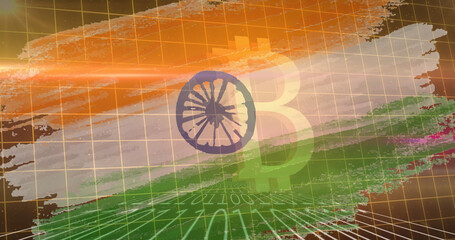 Image of bitcoin symbol and binary coding over flag of india in background