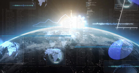 Image of data processing on screens over glowing star and planet earth