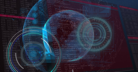 Image of data processing on screens over glowing planet earth