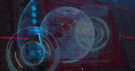 Obraz premium Image of data processing on screens over glowing planet earth