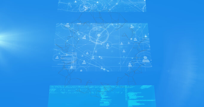 Image of connections spinning and medical data processing on screens over blue background