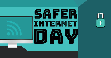Image of safer internet day text over icons and blue background