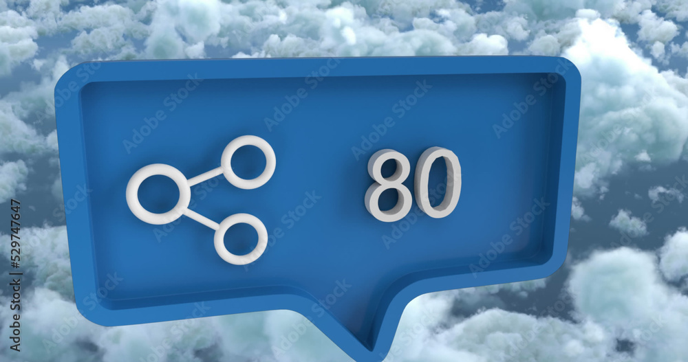 Poster image of heart share icon with numbers on speech bubble over sky and clouds