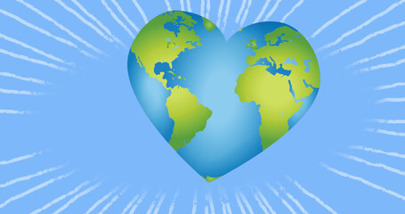 Image of heart shaped earth on blue background