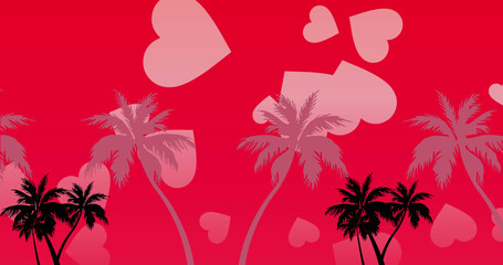 Fototapeta na wymiar Image of palm trees and hearts over red background