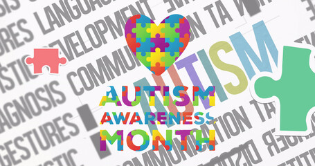 Image of colourful puzzle pieces forming heart and autism awareness month text