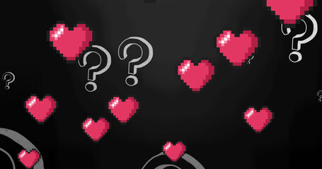 Image of social media heart icons and question marks on black background