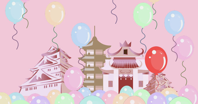 Image of balloons and asian cityscape on pink background
