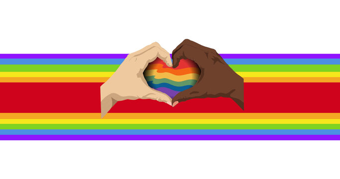 Image Of Diverse Hands Making Heart Symbol Over Rainbow Colors Stripes On White Background