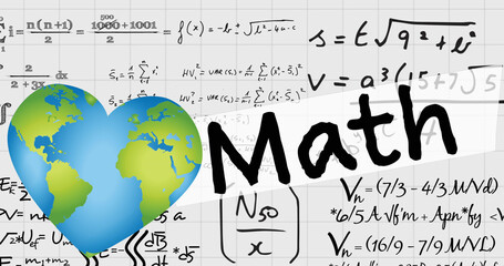Image of heart globe and math text over mathematical equations in school notebook